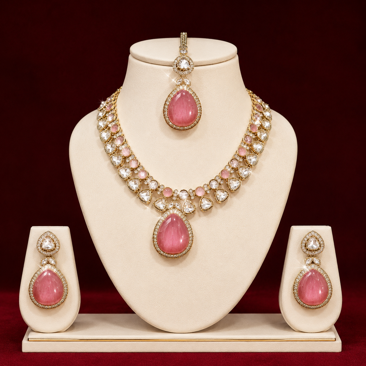 Moisannite Dusty Rose Pink Polki Kundan Necklace Set With Maang Tikka