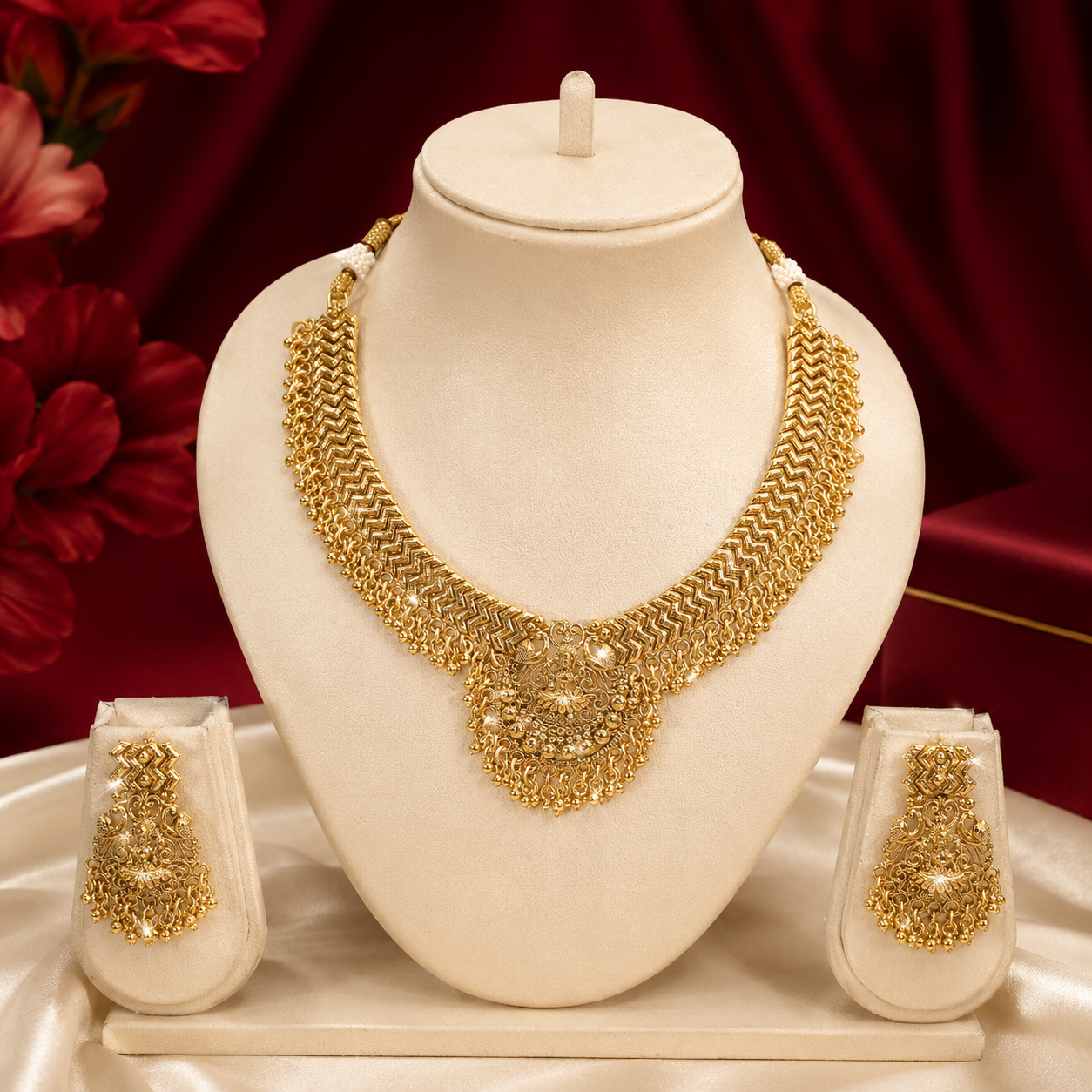 Gold Tone Chevron Pattern Peacock Jhumka Necklace Set