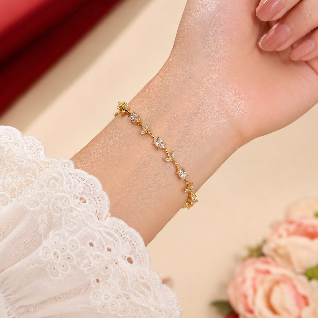 Gold Tone White AD Round Marquise Vine Tennis Bracelet