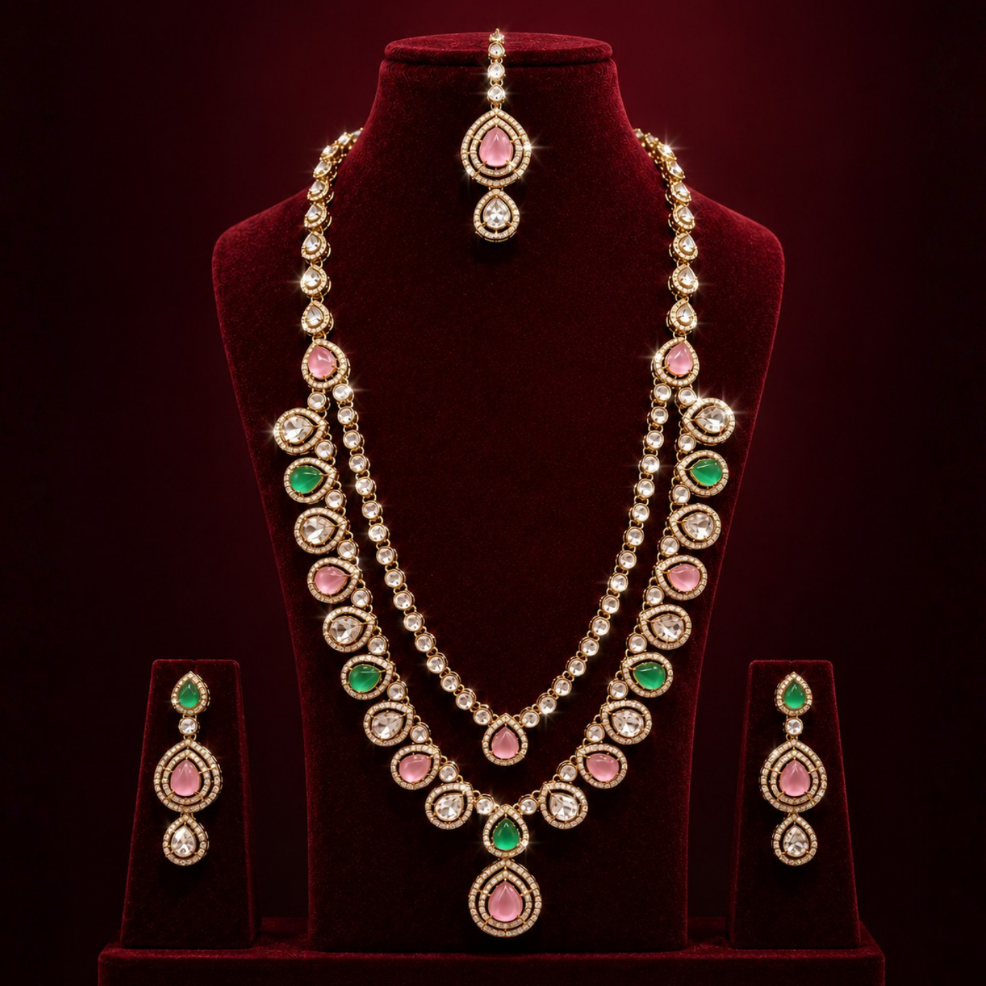 Moisannite Blush Pink Jade Green Uncut Polki Diamond Long Haar Set