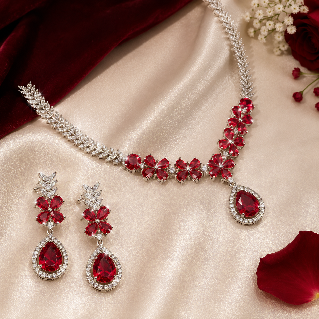 Rich Red Ruby Floral White AD Wheat Leaf Pendant Necklace Set