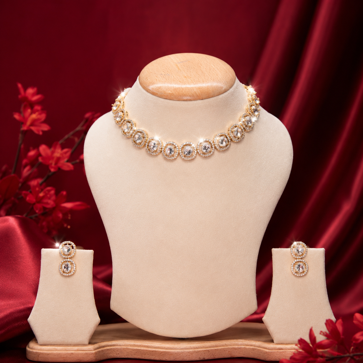 Gold Tone Round AD Circle Tennis Choker Necklace Set