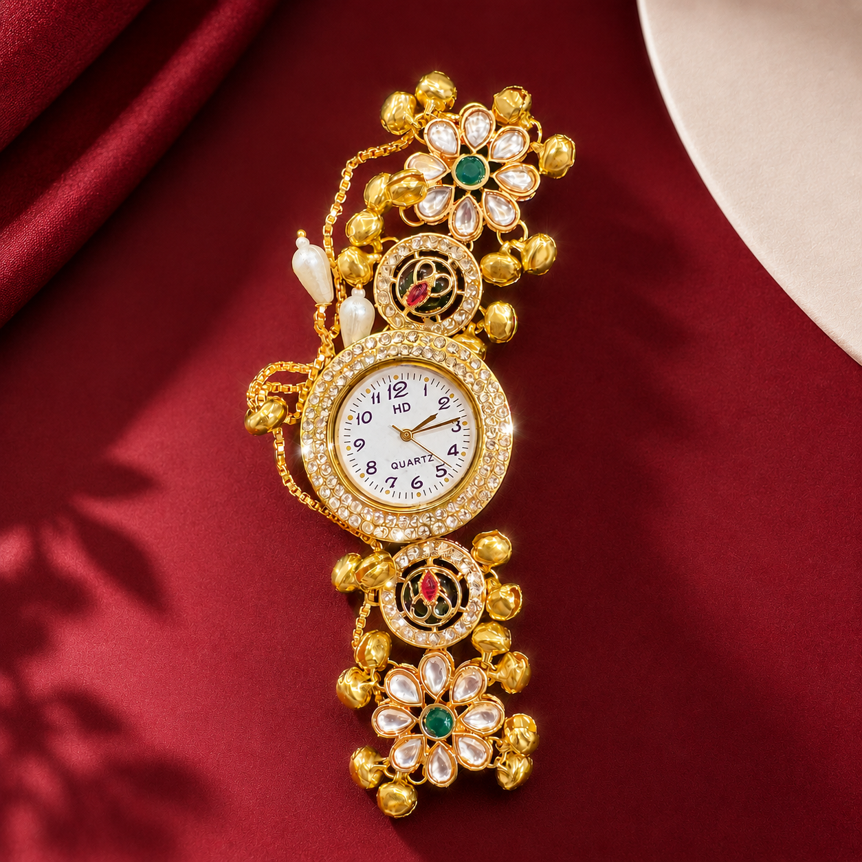 Kundan Pearl Flower Meenakari AD Ghungroo Watch