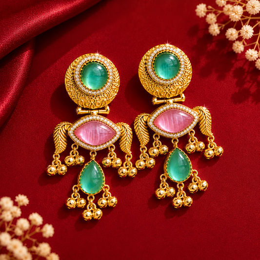 Gold Plated Green Pink Oval AD Teardrop Ghungroo Earrings
