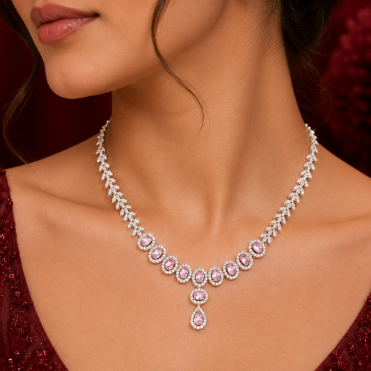Light Pink Oval White AD Leaf Teardrop Pendant Necklace Set