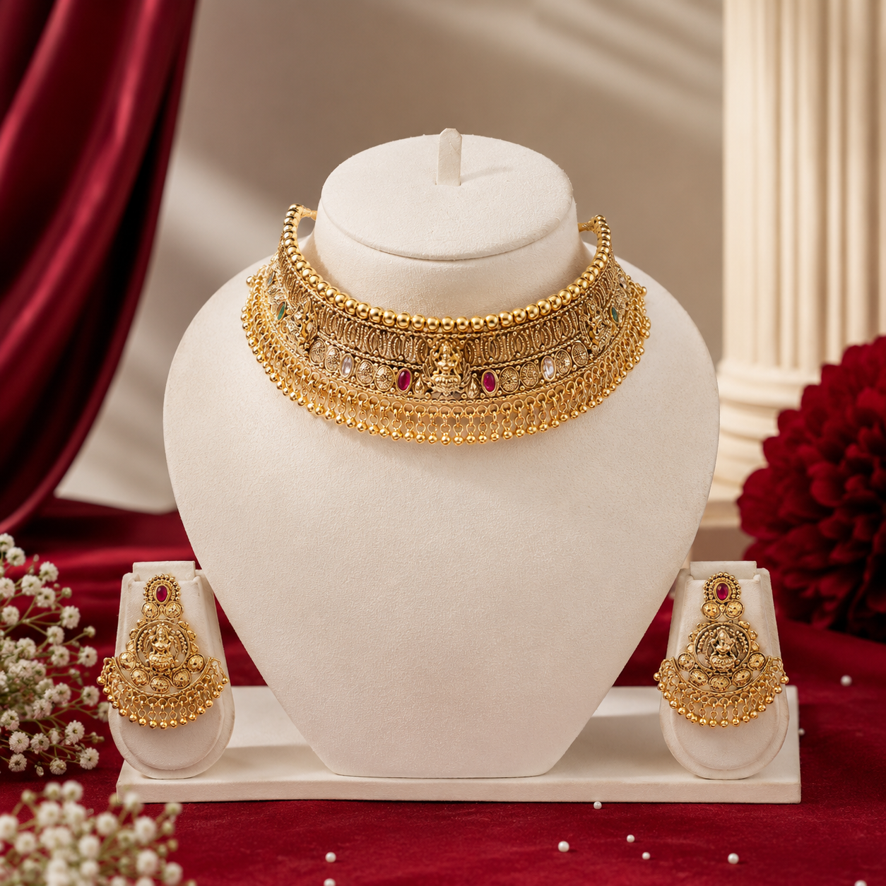 Antique Gold Nakshi Lakshmi Temple Bead Drop Choker Set
