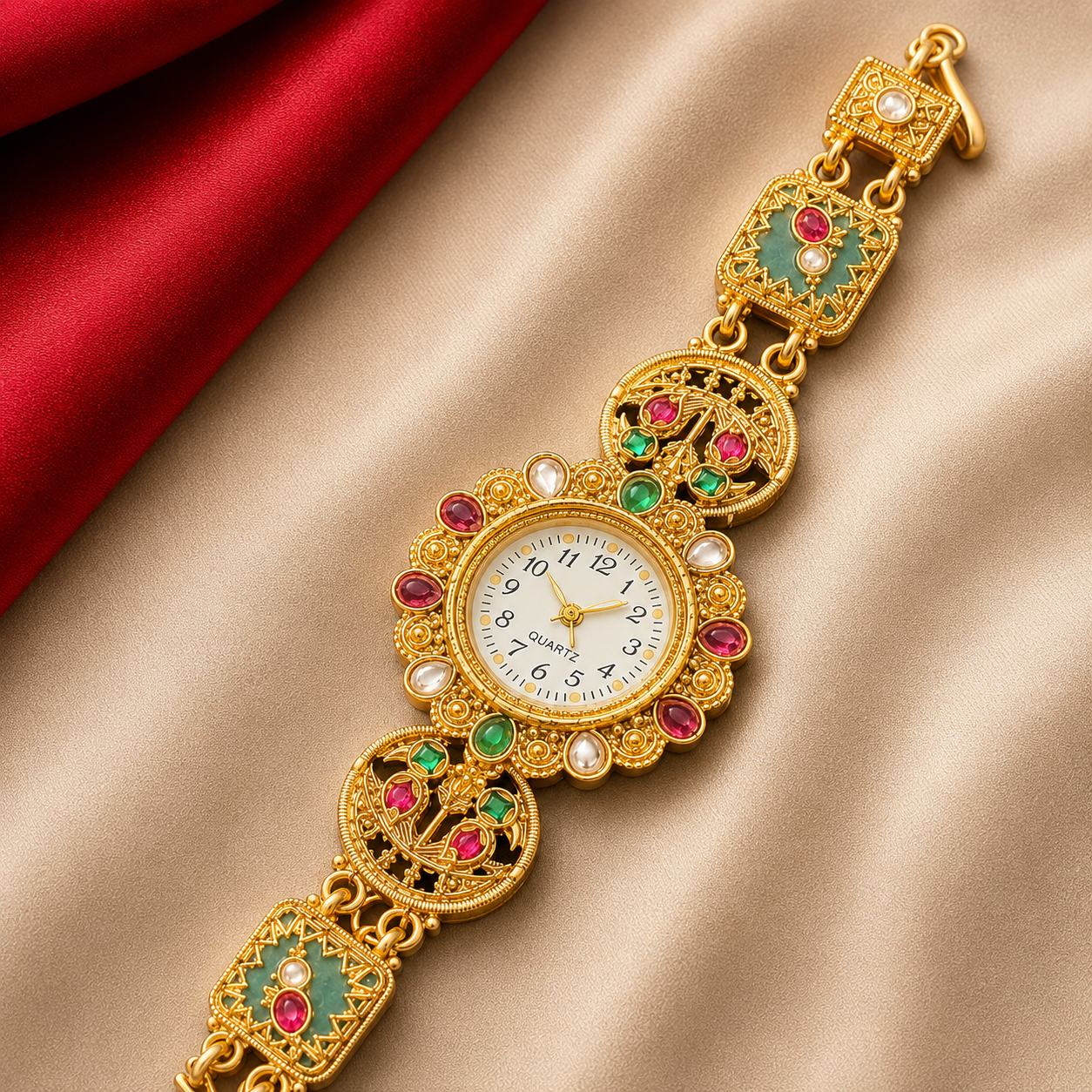 Gold Plated Pearl Peacock Floral Filigree Oval Link Watch