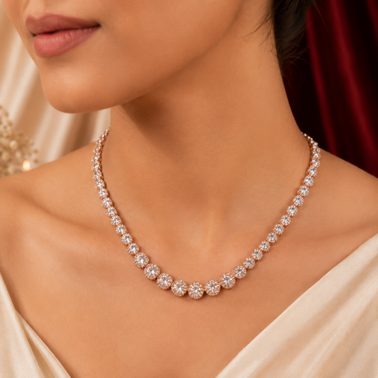 Rose Gold Plated Round Brilliant Cut AD Tennis Necklace Set