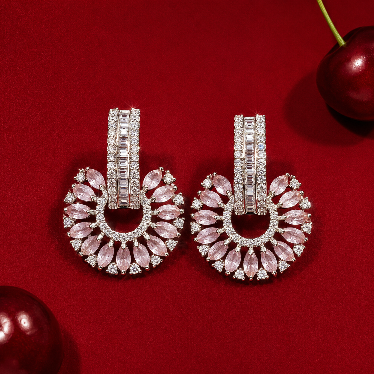 Light Pink Baguette Round AD Fan Statement Stud Earrings