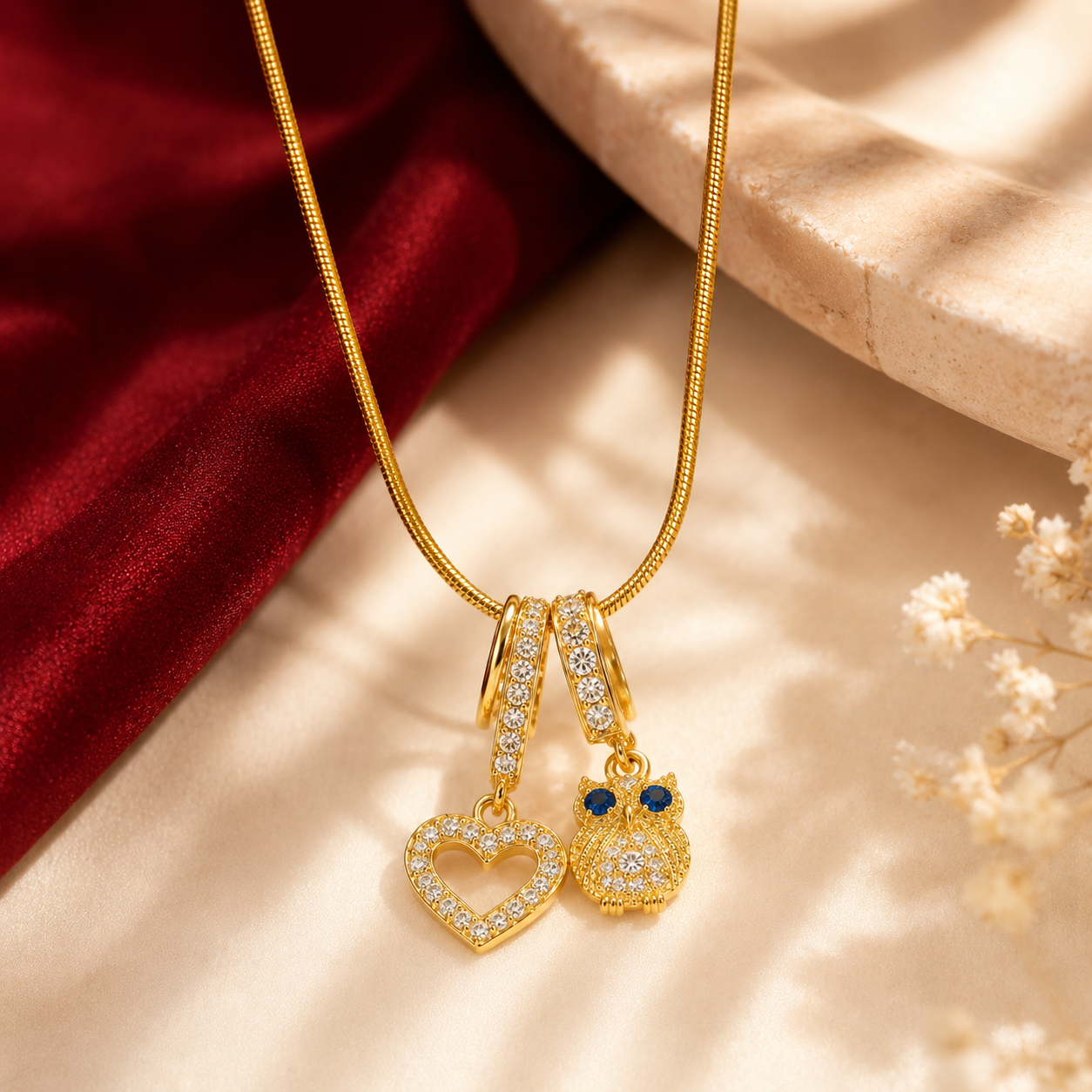 Owl & Heart Dual Charm Snake Chain Necklace