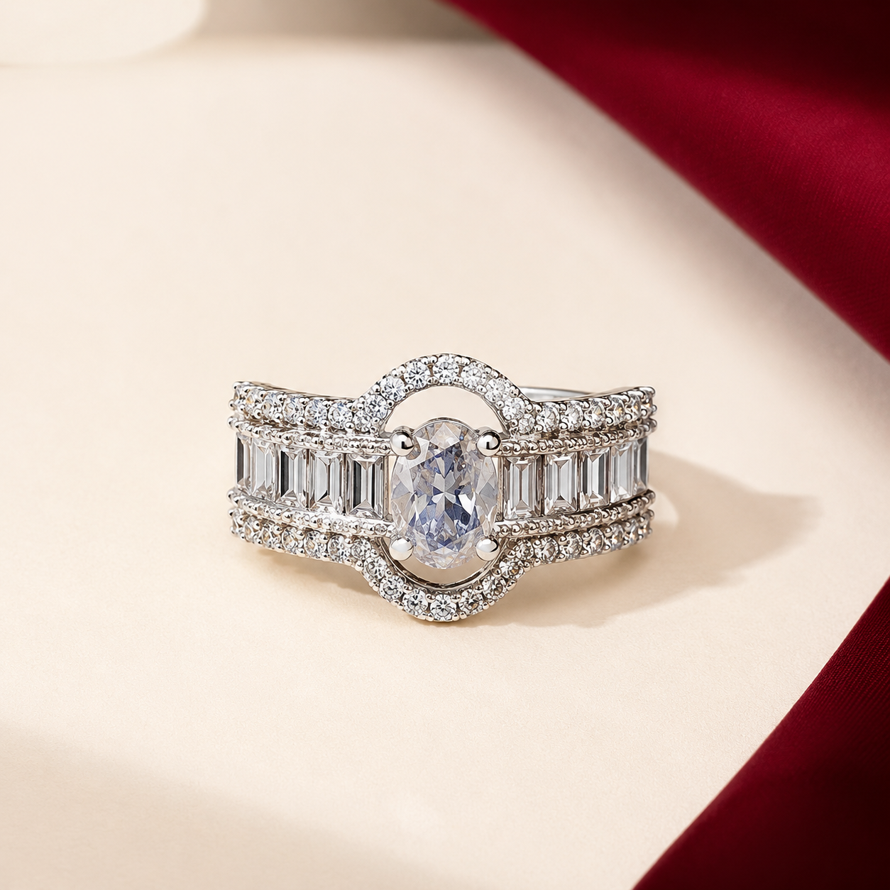 White American Diamond Oval AD Triple Row Broad Ring
