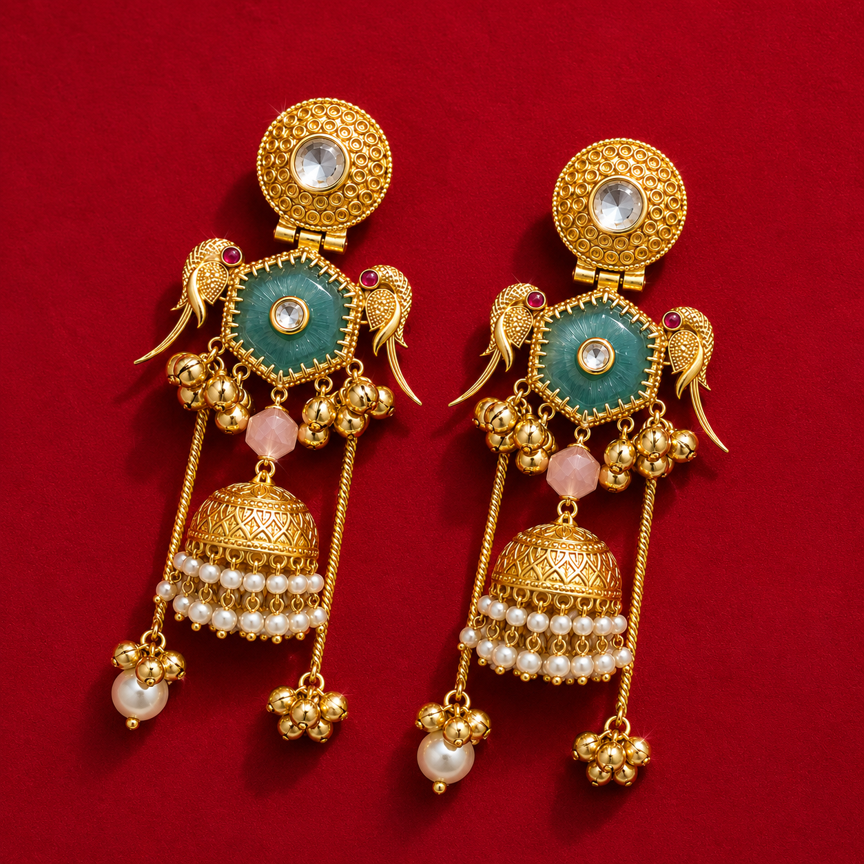 Gold Green Stone Polki Parrot Motif Pearl Ghungroo Earrings