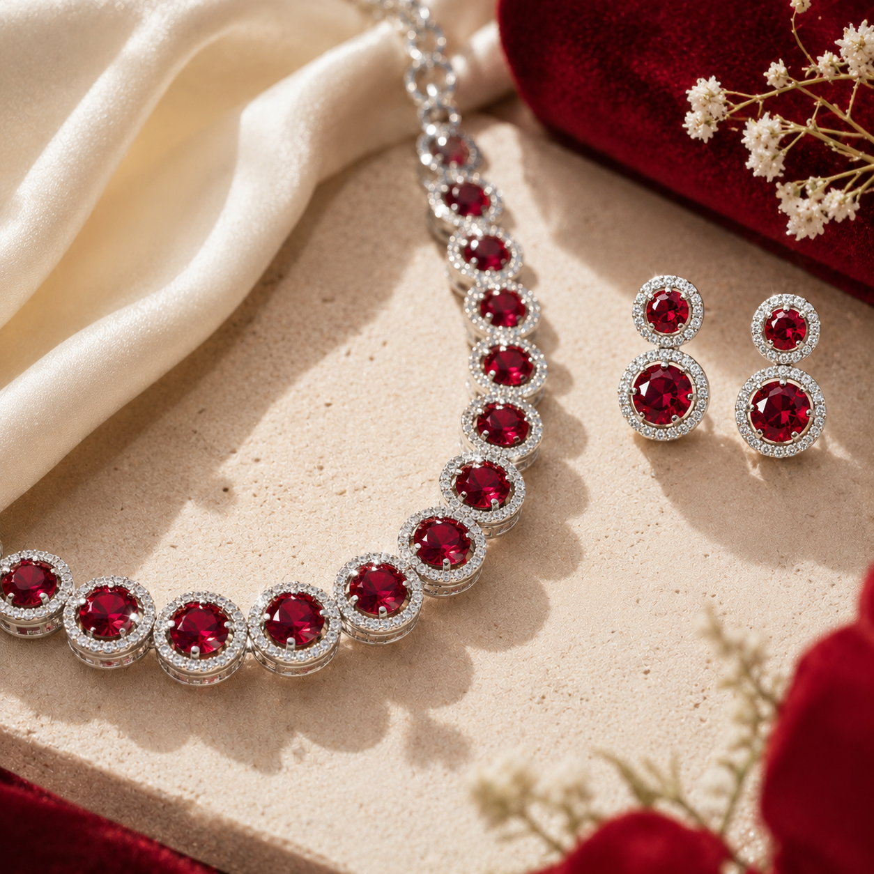 Silver Tone Red Round American Diamond Tennis Necklace Set