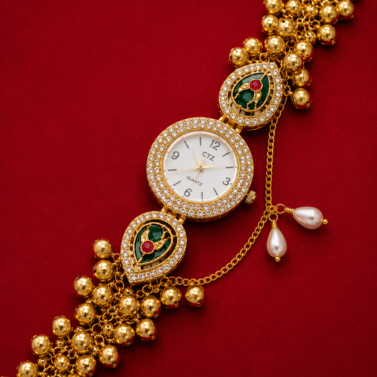 Green Meenakari Teardrop AD Ghungroo Chain Pearl Drop Watch