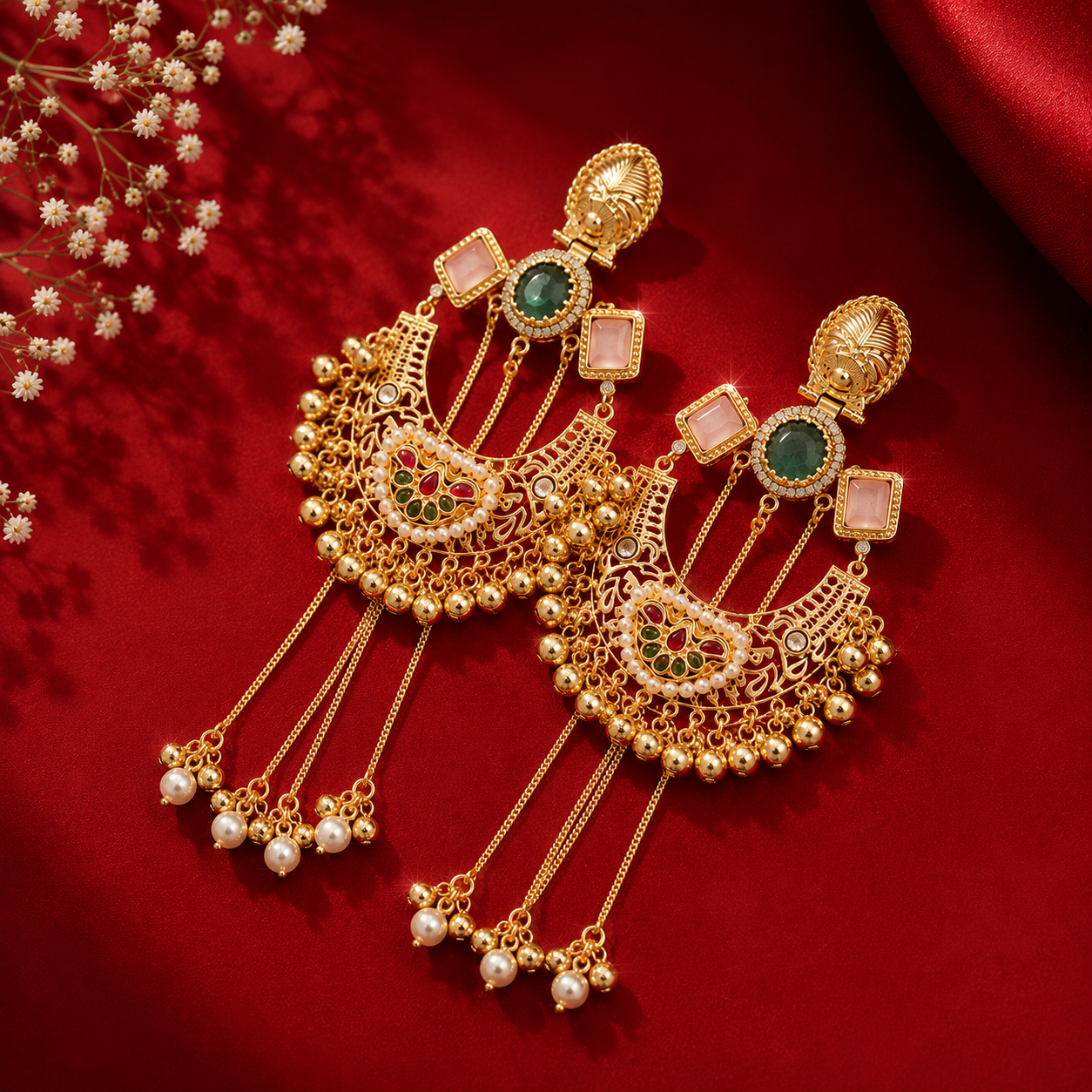 Gold Tone Green Pink Chandbali Pearl Chain Earrings