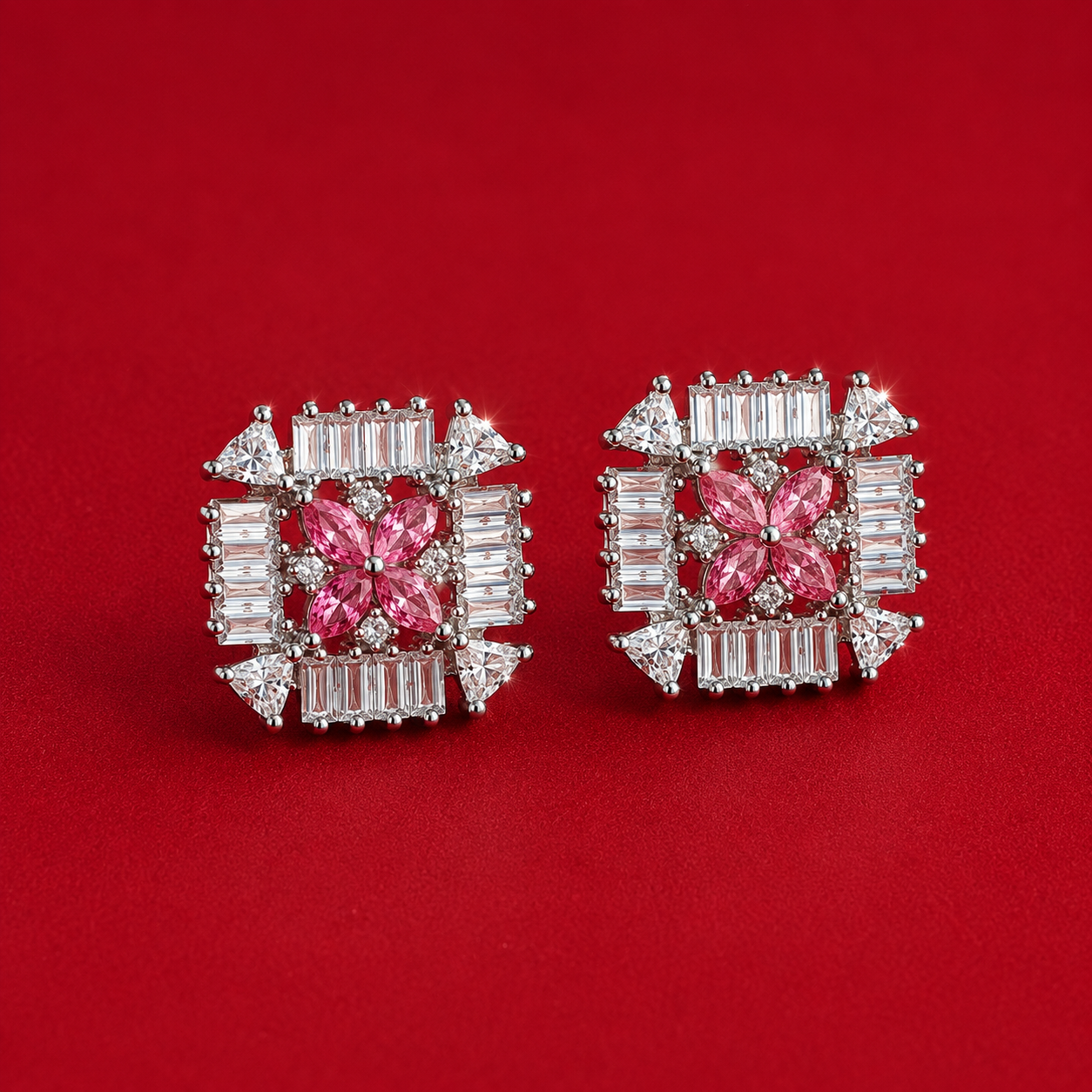 Silver Tone Star Flower AD Geometric Stud Earrings