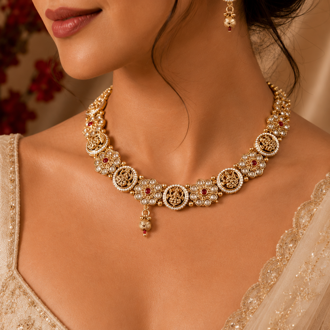 Goddess Lakshmi Temple Kundan Pearl Red AD Necklace Set