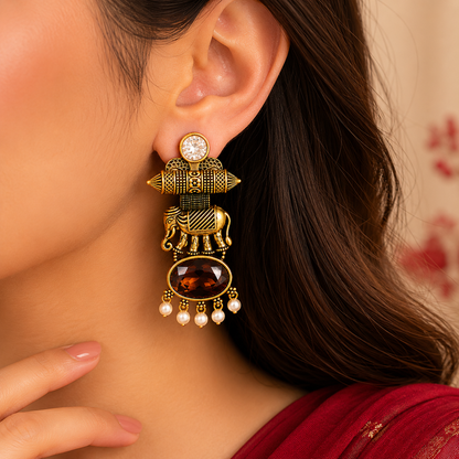 Gold Tone Elephant Motif Oval Stone Pearl Earrings