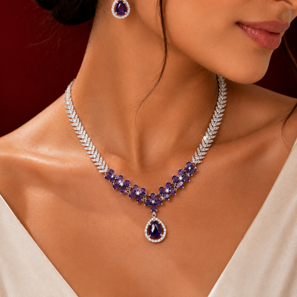 Rich Purple Floral White AD Leaf Teardrop Necklace Set