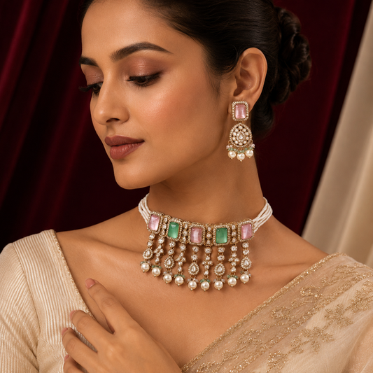 Moisannite Blush Pink Jade Green Kundan Pearl Tassel Choker Set