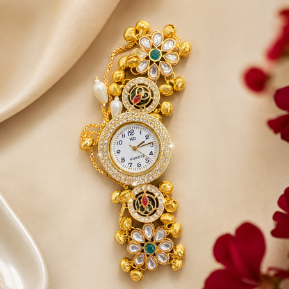 Kundan Pearl Flower Meenakari AD Ghungroo Watch