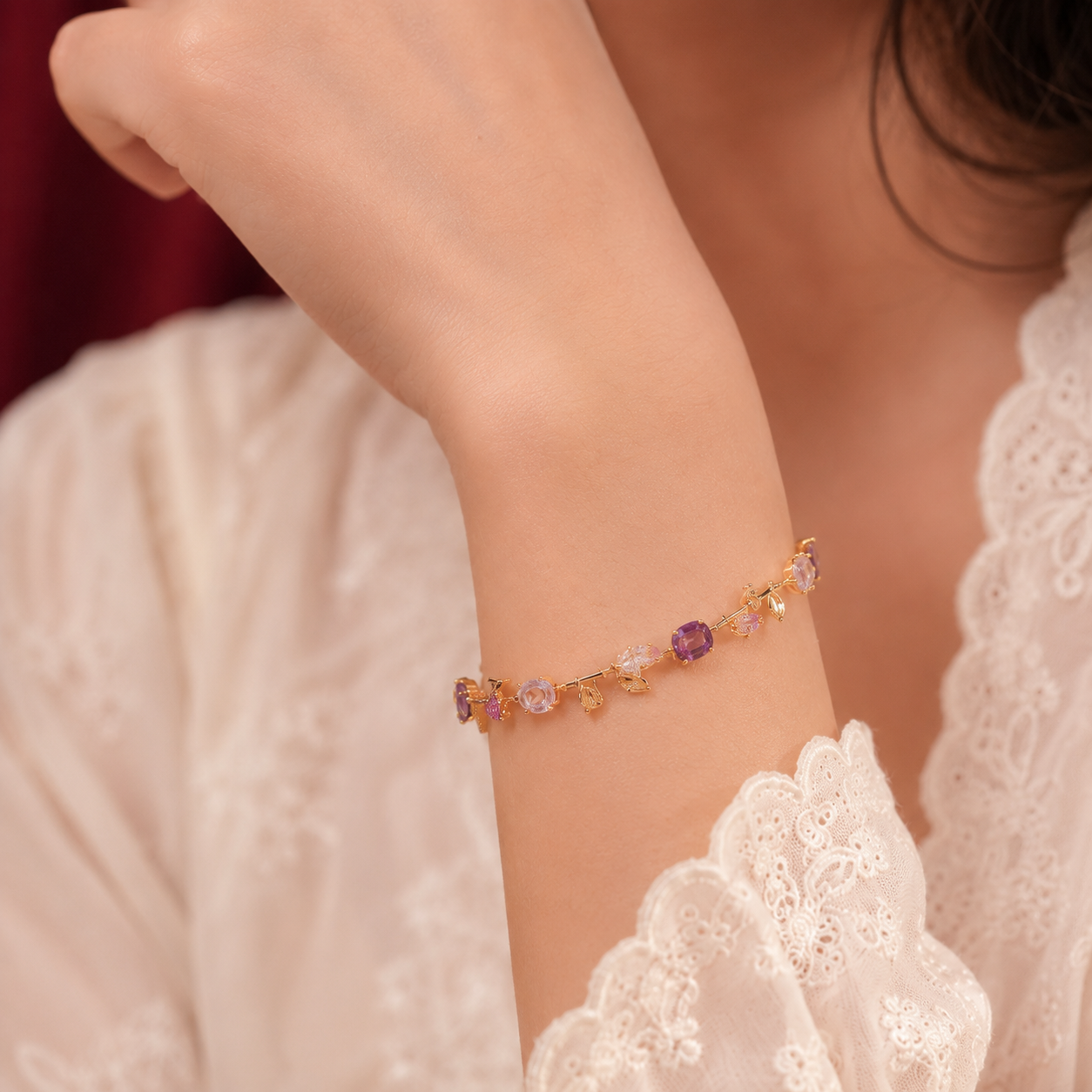 Gold Plated Amethyst Purple AD Twisted Vine Link Bracelet