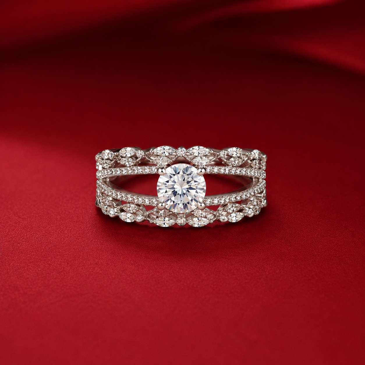 Silver Plated White AD Round Solitaire Open Multi Row Ring