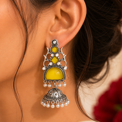 Oxidised Silver Round Half Moon Multi Stone Jhumka Pearl Earrings
