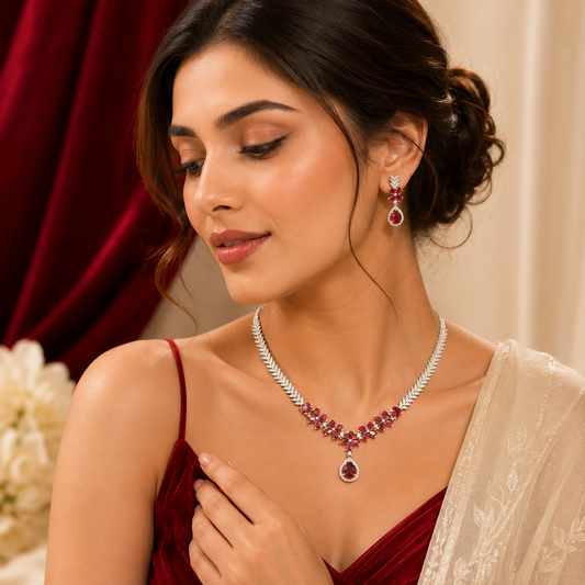 Rich Red Ruby Floral White AD Wheat Leaf Pendant Necklace Set