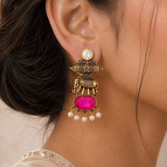 Gold Tone Elephant Motif Oval Stone Pearl Earrings