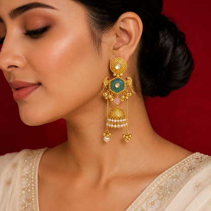 Gold Green Stone Polki Parrot Motif Pearl Ghungroo Earrings