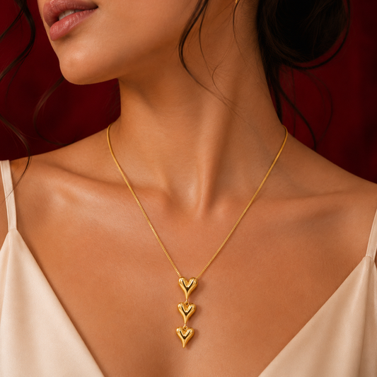 Triple Puffy Heart Drop Necklace