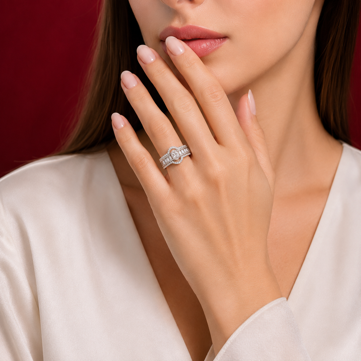 White American Diamond Oval AD Triple Row Broad Ring