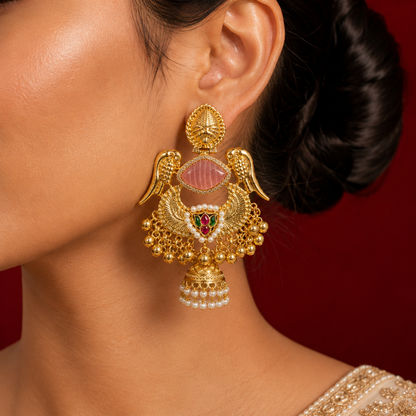 Pink Stone Peacock Feather Ruby Emerald Pearl Ghungroo Earrings