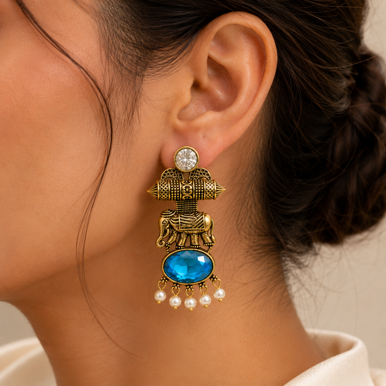 Gold Tone Elephant Motif Oval Stone Pearl Earrings