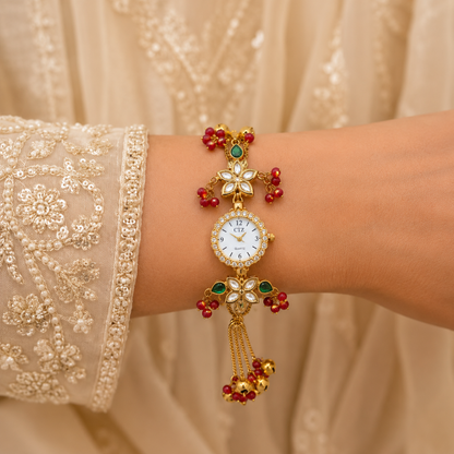 Gold Tone Kundan Flower Emerald Ruby Bead Chain Tassel Watch