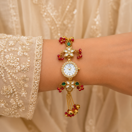 Gold Tone Kundan Flower Emerald Ruby Bead Chain Tassel Watch
