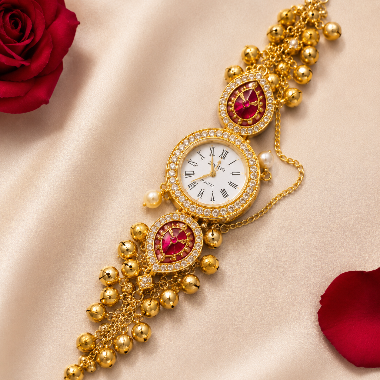 Gold Tone Oval Teardrop AD Ghungroo Multi Chain Watch