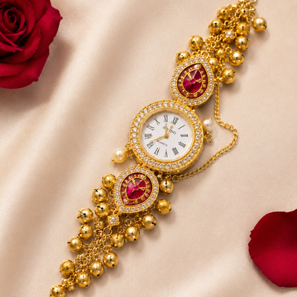Gold Tone Oval Teardrop AD Ghungroo Multi Chain Watch