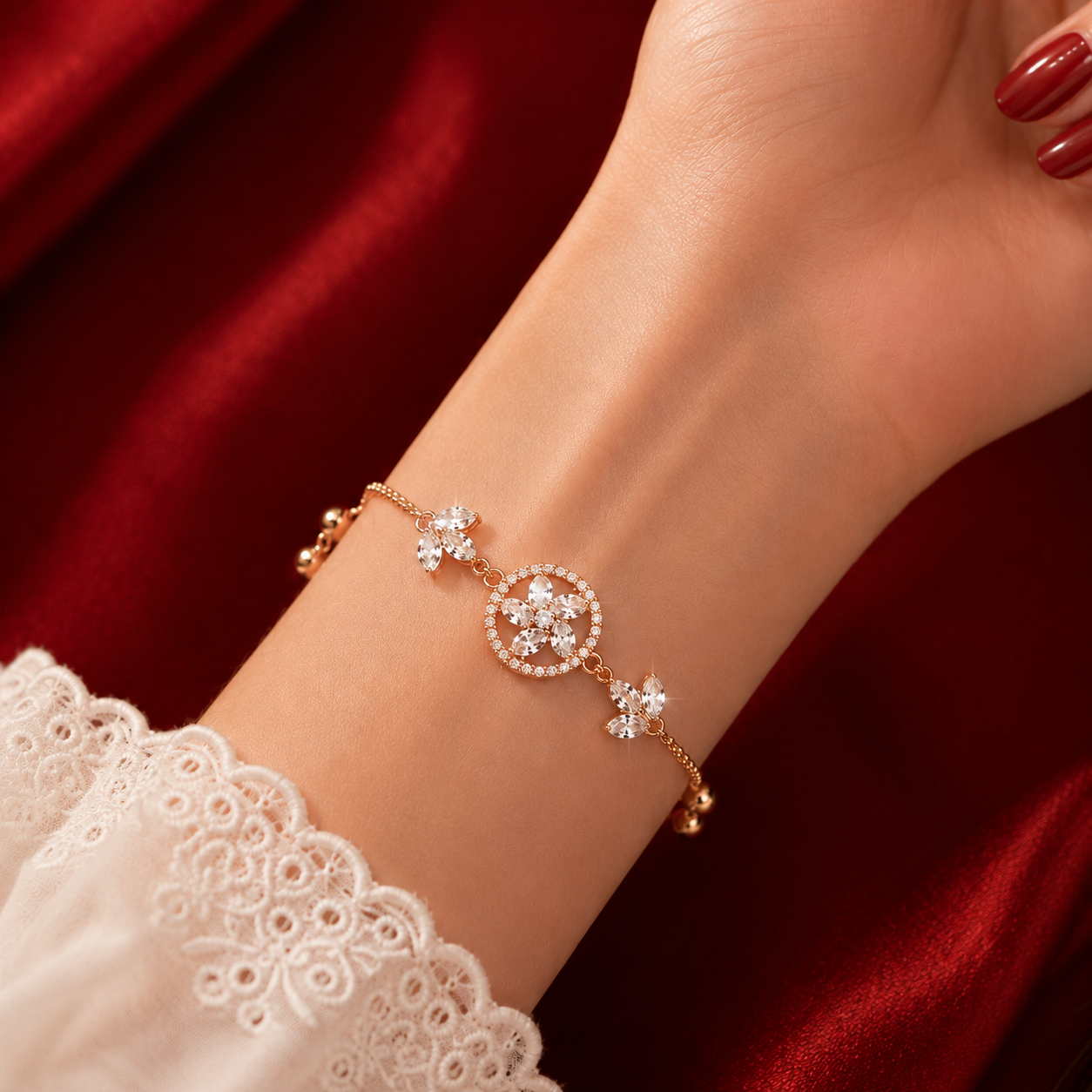 Rose Gold AD Floral Circle Halo Leaf Chain Adjustable Bracelet