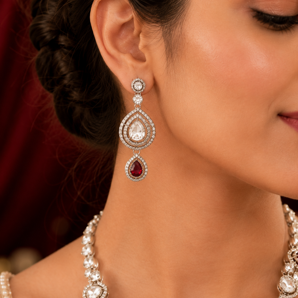 Moisannite Ruby White AD Double Strand Necklace Set With Tikka
