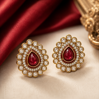 Gold Tone Ruby Teardrop AD Halo Bezel Stud Earrings