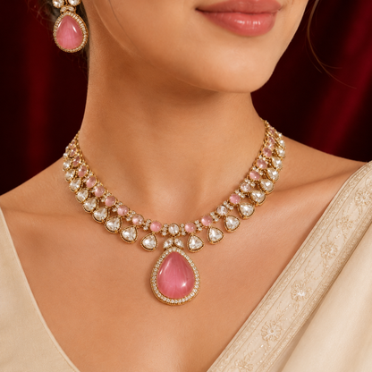 Moisannite Dusty Rose Pink Polki Kundan Necklace Set With Maang Tikka
