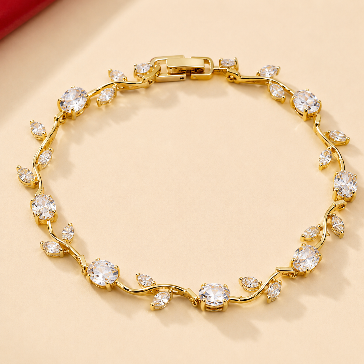 Gold Tone White AD Round Marquise Vine Tennis Bracelet
