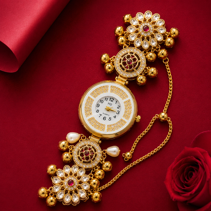Gold Kundan Floral AD Ghungroo Pearl Watch Bracelet