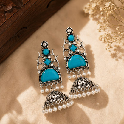 Oxidised Silver Round Half Moon Multi Stone Jhumka Pearl Earrings