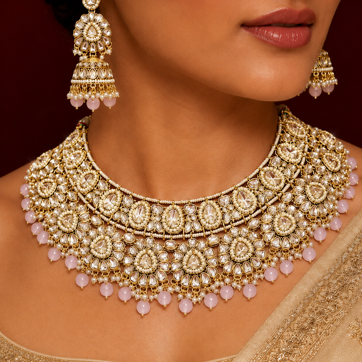 Blush Pink Polki Kundan Pearl Necklace Set With Maang Tikka