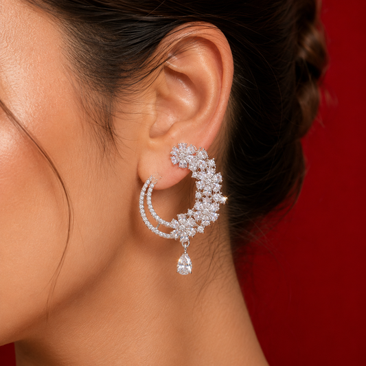 White AD Flower Teardrop Dangler Earrings