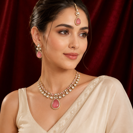 Moisannite Dusty Rose Pink Polki Kundan Necklace Set With Maang Tikka