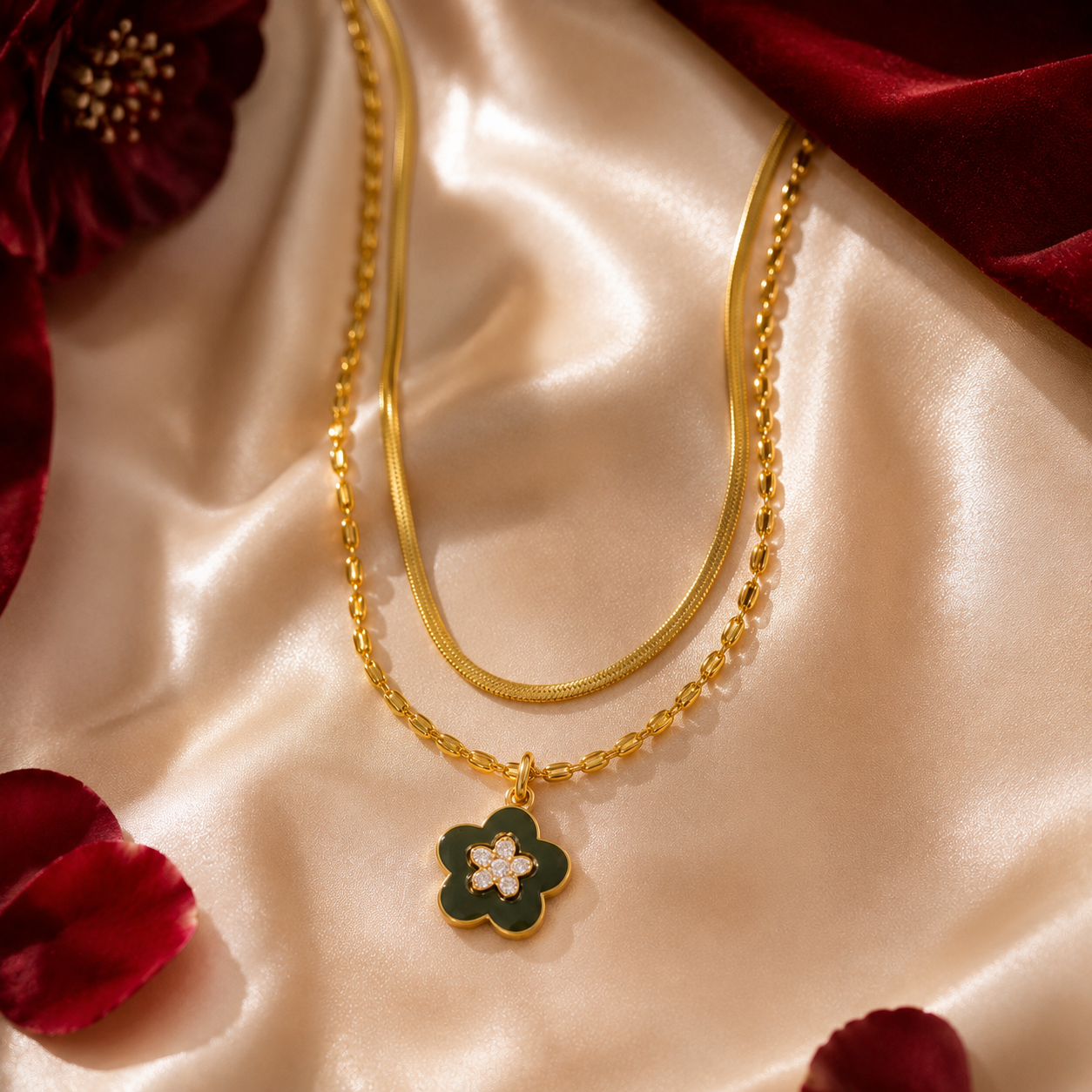 Black Enamel Flower Layered Necklace Set